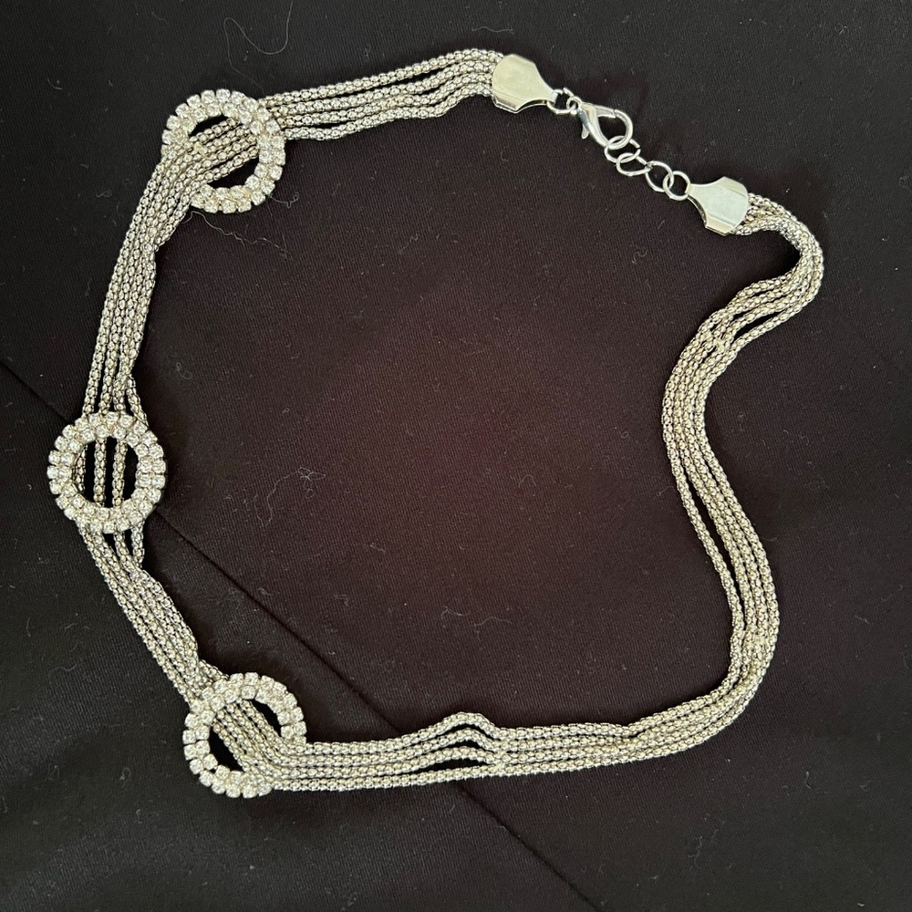 Silver Tone Chain Necklace Rhinestone Rings / Circles 4 Strands in 1  28" long